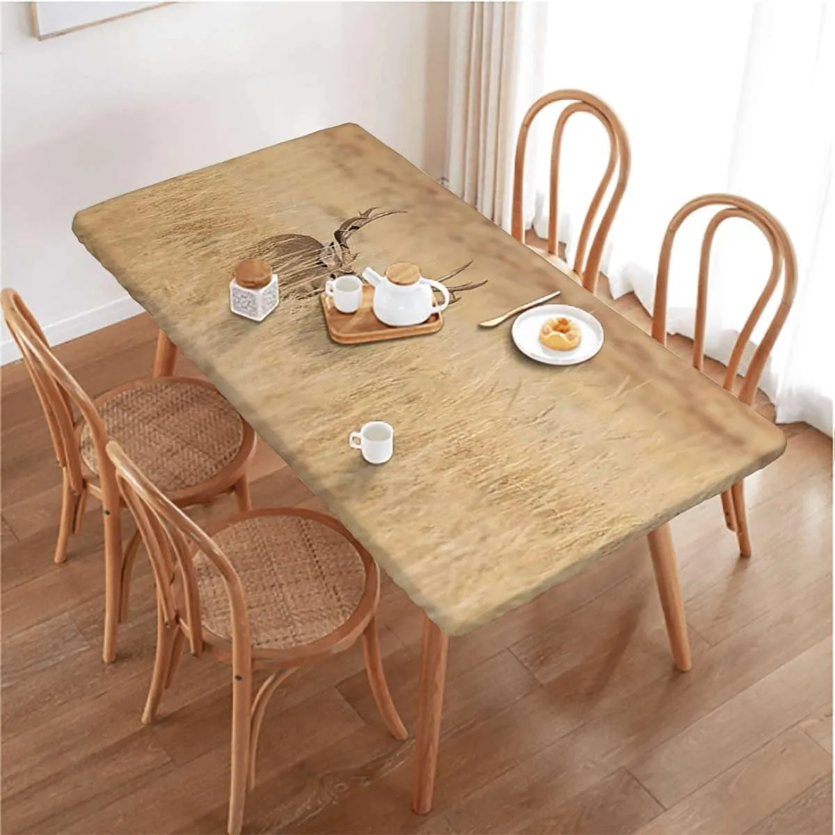 Brown Sand Brown Elastic Fitted Picnic Table Cover Stag Countryside Rural Hunting Theme Soft-Touch Fitted Table Cloth, Waterproof Oil-Proof Table Cover Antler Fits up 5 Foot Tables