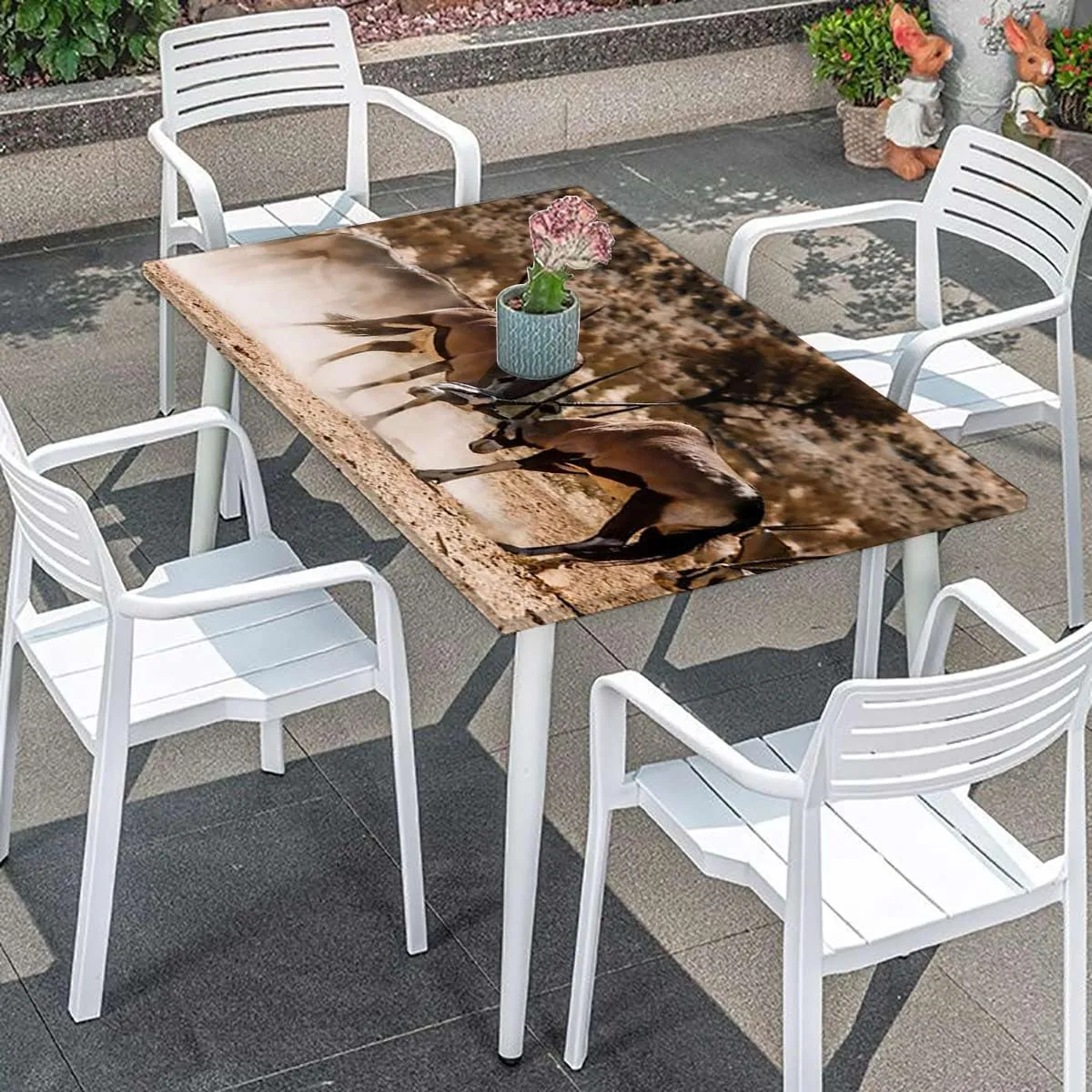 Brown Tan Elastic Edge Fitted Table Cloth, Fight Battle Between Two Gemsbok on Plains Rectangle Table Cover for Outdoor Picnic Camping Parties Africa Fits up 5 Foot Tables