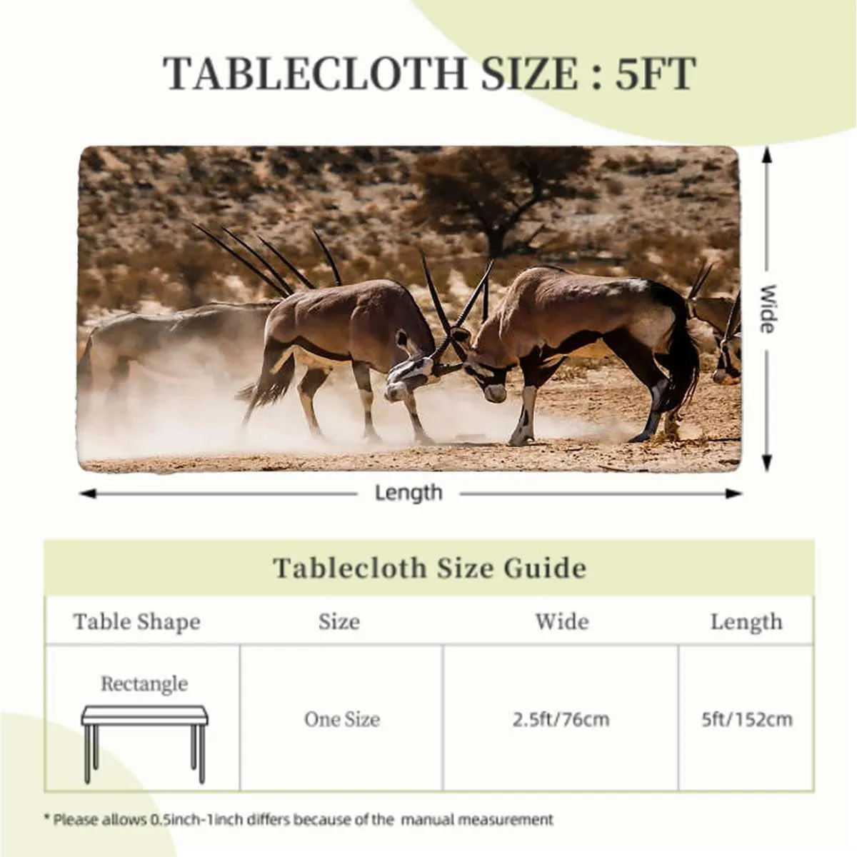Brown Tan Elastic Edge Fitted Table Cloth, Fight Battle Between Two Gemsbok on Plains Rectangle Table Cover for Outdoor Picnic Camping Parties Africa Fits up 5 Foot Tables