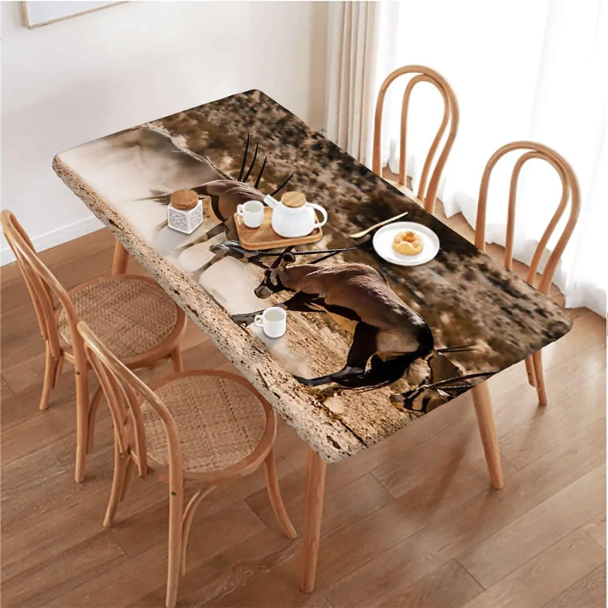Brown Tan Elastic Edge Fitted Table Cloth, Fight Battle Between Two Gemsbok on Plains Rectangle Table Cover for Outdoor Picnic Camping Parties Africa Fits up 5 Foot Tables