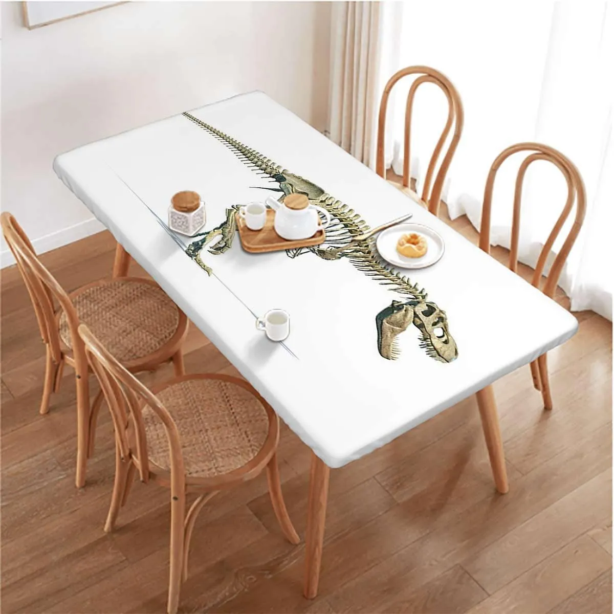 Brown White Fitted Tablecloth Dino Skeleton Art Ancient Animal Rectangle Table Cloth Reusable Table Cover for Picnic Dining Decoration Dinosaur Fits up 5 Foot Tables