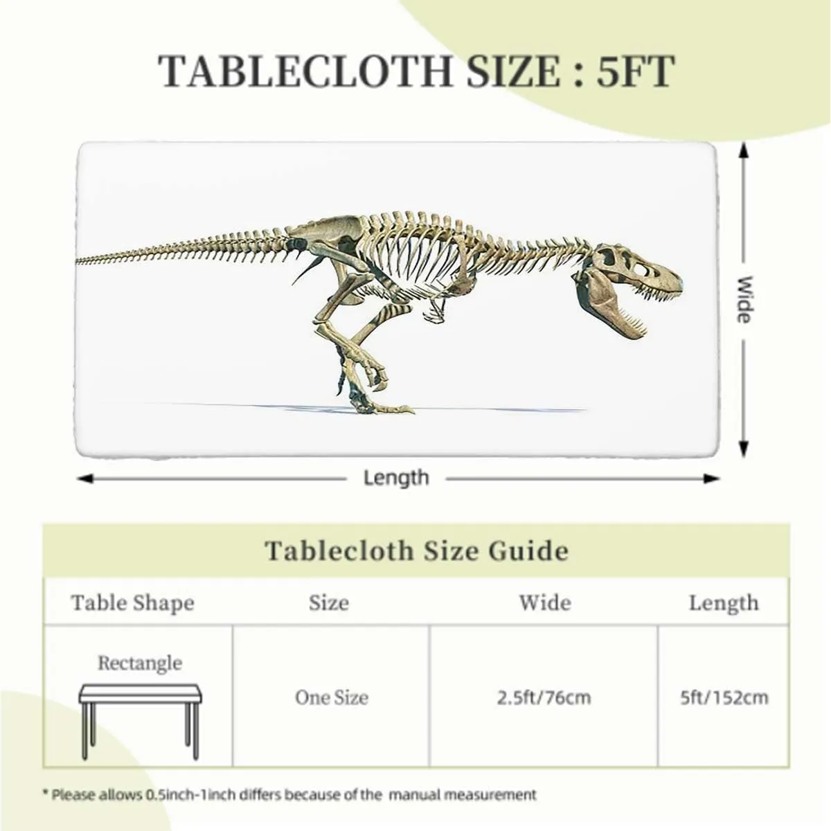 Brown White Fitted Tablecloth Dino Skeleton Art Ancient Animal Rectangle Table Cloth Reusable Table Cover for Picnic Dining Decoration Dinosaur Fits up 5 Foot Tables