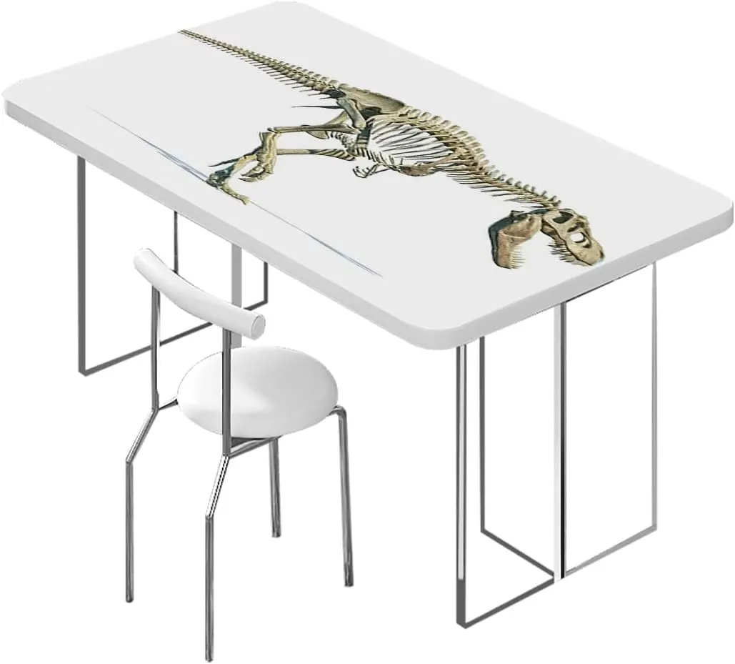 Brown White Fitted Tablecloth Dino Skeleton Art Ancient Animal Rectangle Table Cloth Reusable Table Cover for Picnic Dining Decoration Dinosaur Fits up 5 Foot Tables