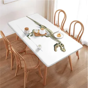 Brown White Fitted Tablecloth Dino Skeleton Art Ancient Animal Rectangle Table Cloth Reusable Table Cover for Picnic Dining Decoration Dinosaur Fits up 5 Foot Tables