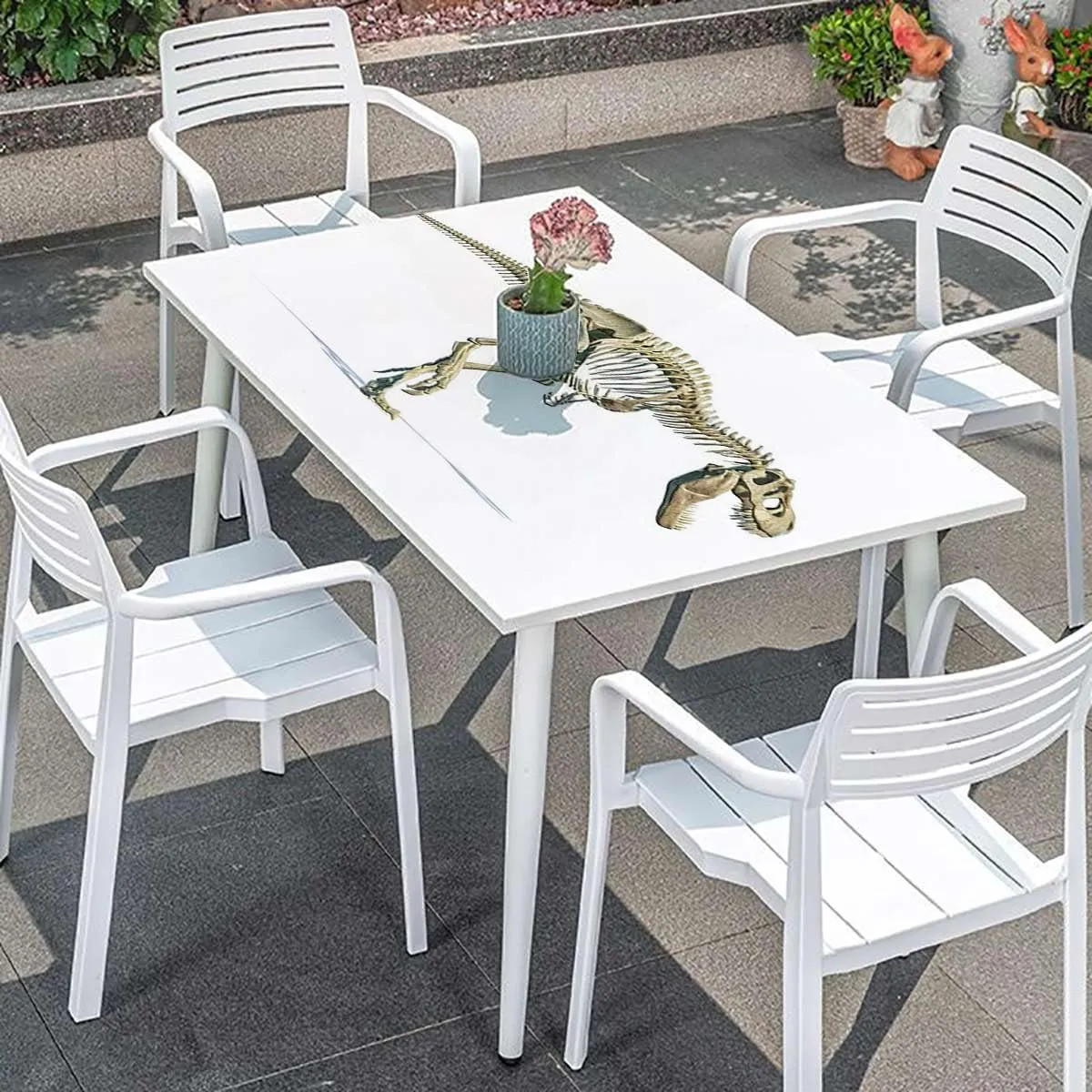 Brown White Fitted Tablecloth Dino Skeleton Art Ancient Animal Rectangle Table Cloth Reusable Table Cover for Picnic Dining Decoration Dinosaur Fits up 5 Foot Tables