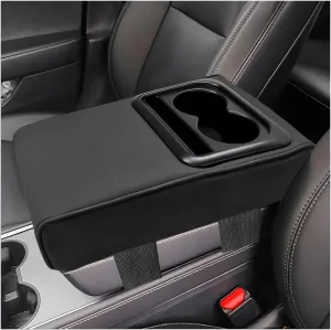 Car Center Console Armrest Pillow, 14"×8.3" Leather Auto Center Console Armrest Box with Cup Holder, Cup Holder Armrest Cushion Pad, Car Accessories (Black, Normal)