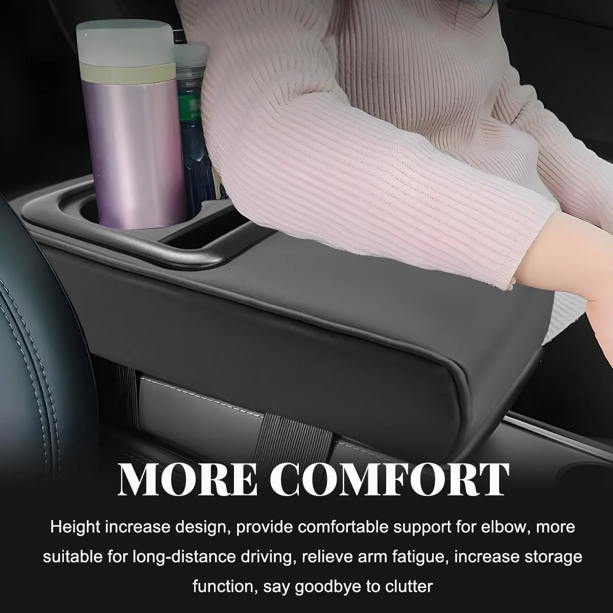 Car Center Console Armrest Pillow, 14"×8.3" Leather Auto Center Console Armrest Box with Cup Holder, Cup Holder Armrest Cushion Pad, Car Accessories (Black, Normal)