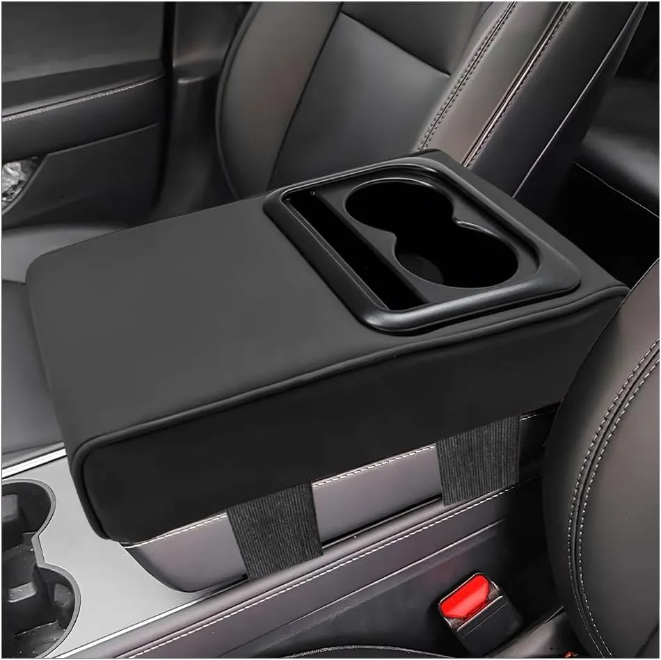 Car Center Console Armrest Pillow, 14"×8.3" Leather Auto Center Console Armrest Box with Cup Holder, Cup Holder Armrest Cushion Pad, Car Accessories (Black, Normal)