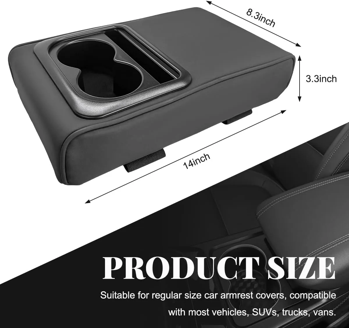 Car Center Console Armrest Pillow, 14"×8.3" Leather Auto Center Console Armrest Box with Cup Holder, Cup Holder Armrest Cushion Pad, Car Accessories (Black, Normal)
