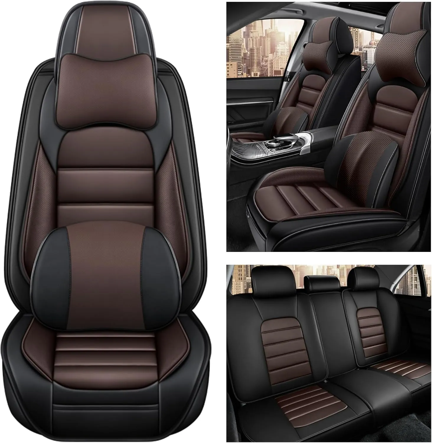 Car Seat Cover for Land Rover Discovery 2017-2024,Premium Leather Seat Cover,Non-Slip Waterproof Breathable Automotive Seat Covers Fit for Most Cars,SUV(Brown & Classic Black,Full Set with Pillow)