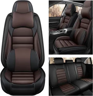 Car Seat Cover for Land Rover Discovery 2017-2024,Premium Leather Seat Cover,Non-Slip Waterproof Breathable Automotive Seat Covers Fit for Most Cars,SUV(Brown & Classic Black,Full Set with Pillow)