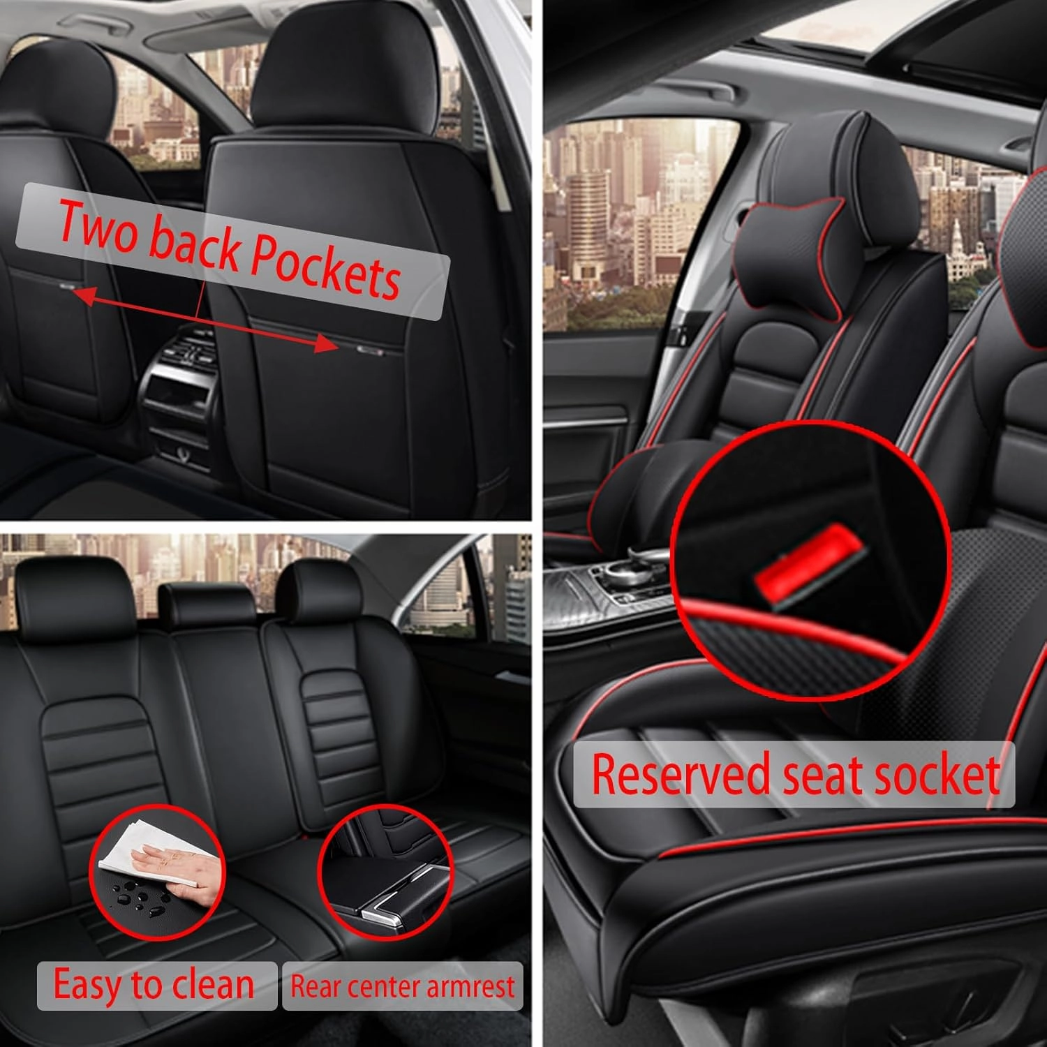 Car Seat Cover for Lexus ES 2018-2024,Premium Leather Seat Cover,Non-Slip Waterproof Breathable Automotive Seat Covers Fit for Most Cars,Sedan(Classic Black & Red,Full Set with Pillow)
