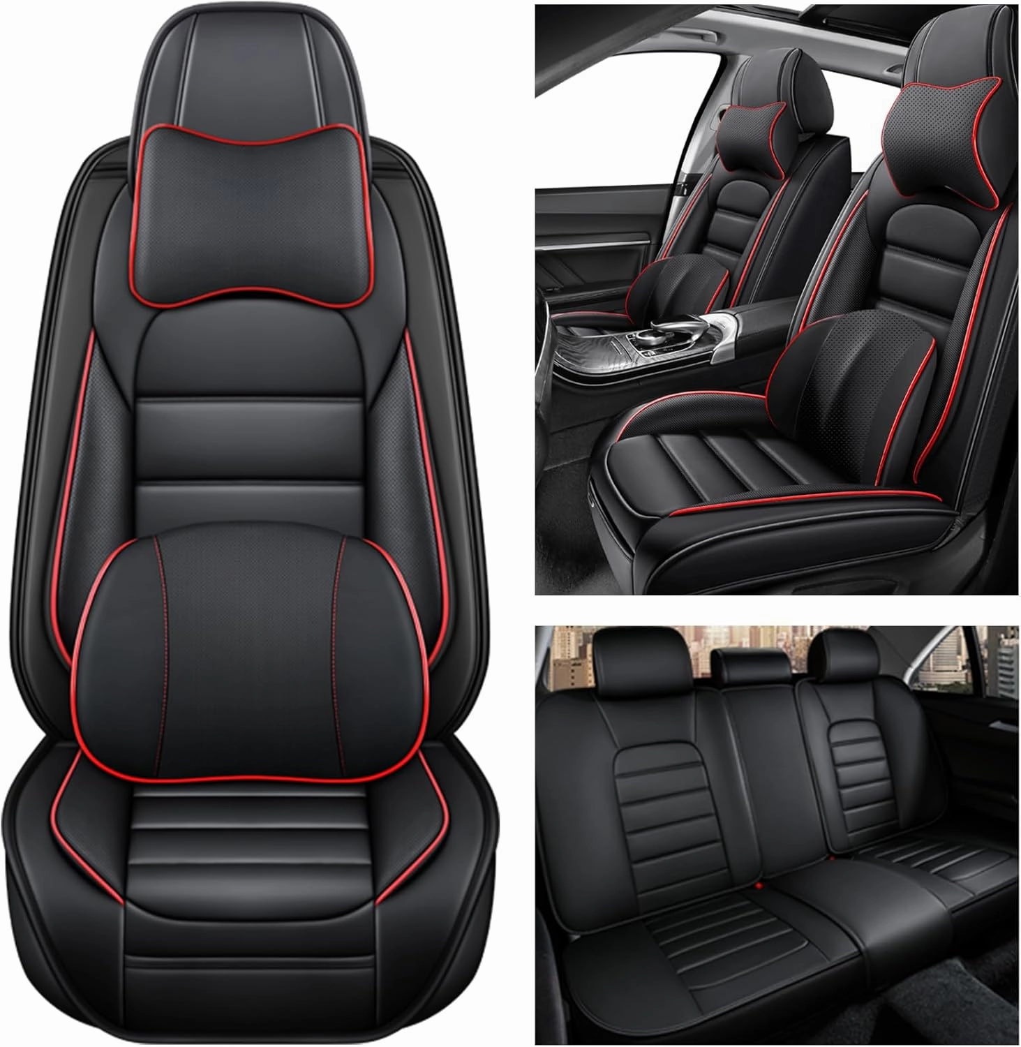 Car Seat Cover for Lexus ES 2018-2024,Premium Leather Seat Cover,Non-Slip Waterproof Breathable Automotive Seat Covers Fit for Most Cars,Sedan(Classic Black & Red,Full Set with Pillow)