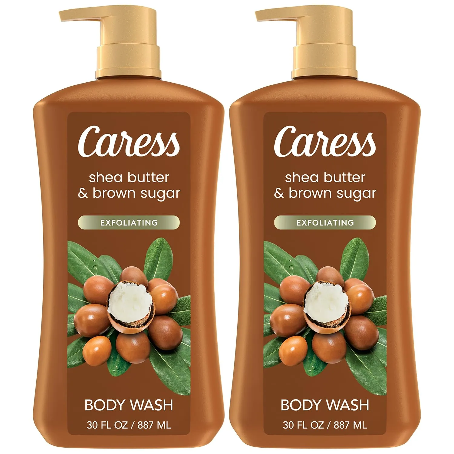Caress Body Wash, Shea Butter & Brown Sugar 2-Pack, Moisturizing Body Wash for Gorgeous, Radiant Skin, Exfoliating Body Soap Liquid, 30 Fl Oz
