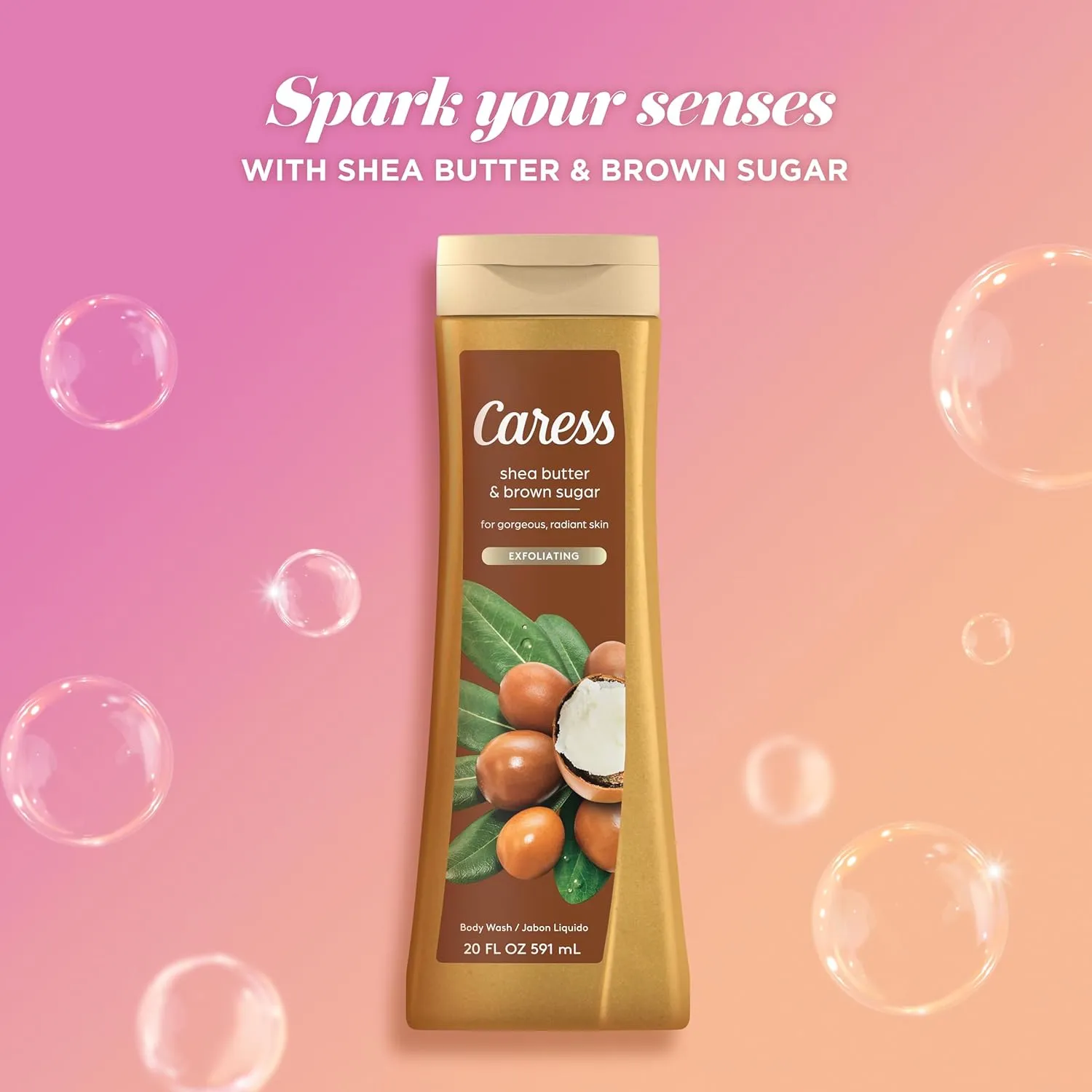 Caress Body Wash, Shea Butter & Brown Sugar, Moisturizing Body Wash for Gorgeous, Radiant Skin, Exfoliating Body Soap Liquid, 20 Fl Oz (Pack of 2)
