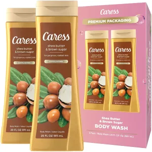 Caress Body Wash, Shea Butter & Brown Sugar, Moisturizing Body Wash for Gorgeous, Radiant Skin, Exfoliating Body Soap Liquid, 20 Fl Oz (Pack of 2)