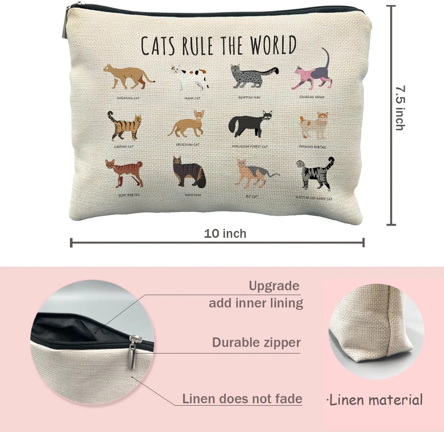 Cat Lover Gifts: Makeup Bag, Cosmetic Bag for Women & Girls - Cats Rule the World