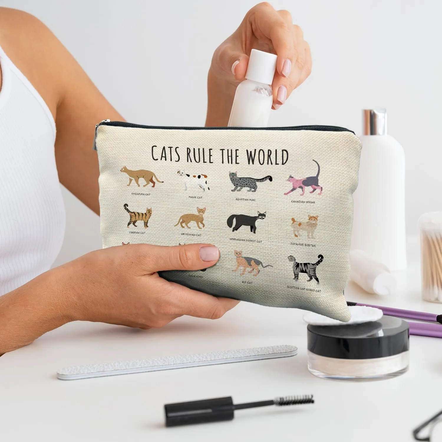 Cat Lover Gifts: Makeup Bag, Cosmetic Bag for Women & Girls - Cats Rule the World