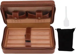 Cedarwood Lining Portable Cigar Humidor Case with Storage Bag and Travel Suit for Men and Women Brown Cedarwood Leather 4 Cigar Capacity