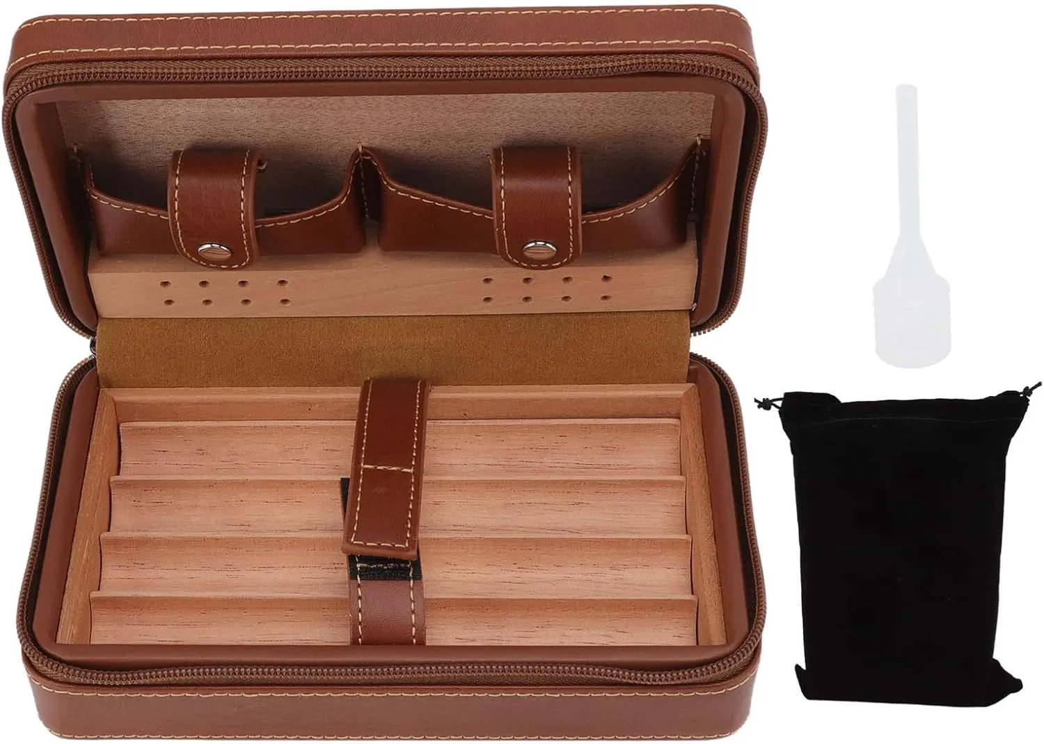 Cedarwood Lining Portable Cigar Humidor Case with Storage Bag and Travel Suit for Men and Women Brown Cedarwood Leather 4 Cigar Capacity