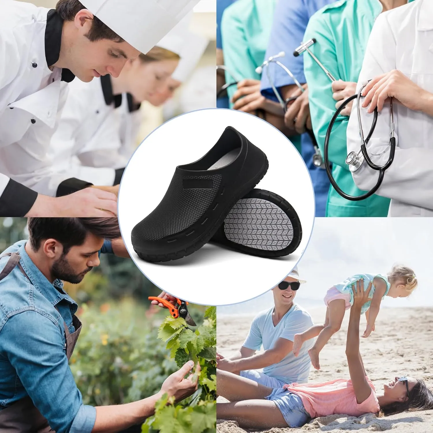 Chef Shoes for Men Zapatos para Cocina Hombres Non Slip Work Shoes Women Clogs Comfortable Nursing Nurse Croc Shoes for Food Service Unisex Indoor and Outdoor for Kitchen Office Seaside Black