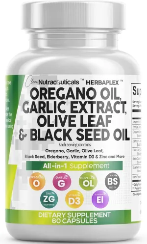 Clean Nutra Oregano Oil with Black Seed Oil Garlic Olive Leaf Extract - Oil of Oregano Capsules Immune Support Carvacrol & Thymoquinone Supplement for Women and Men   Elderberry Vitamin D3 & Zinc
