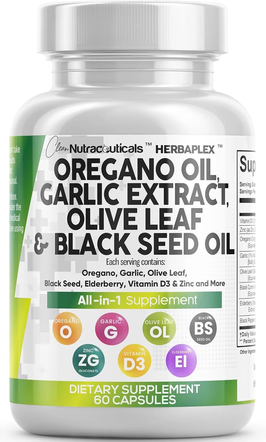 Clean Nutra Oregano Oil with Black Seed Oil Garlic Olive Leaf Extract - Oil of Oregano Capsules Immune Support Carvacrol & Thymoquinone Supplement for Women and Men   Elderberry Vitamin D3 & Zinc