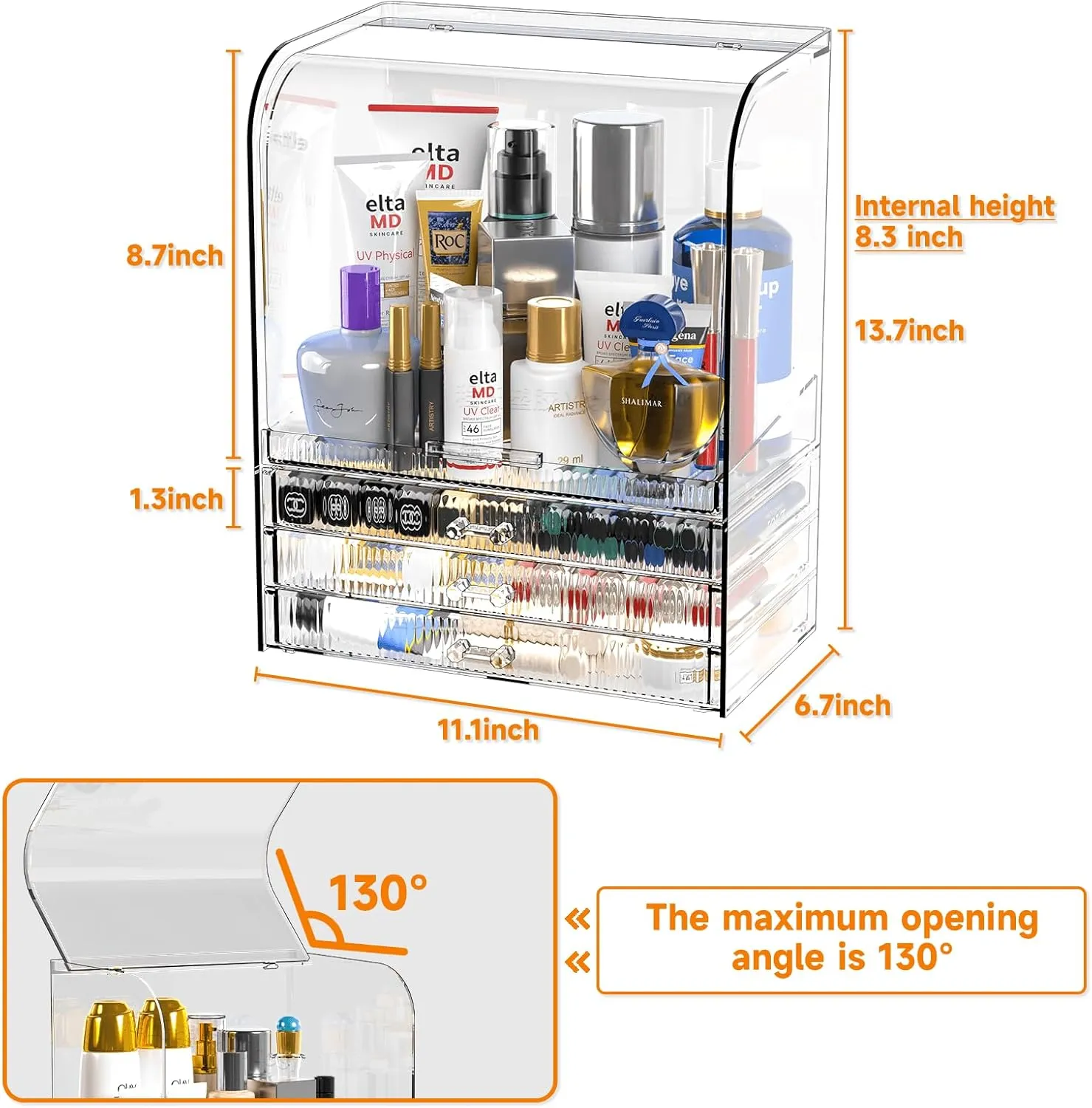 Clear Acrylic Makeup Organizer for Vanity With Lid,Large Capacity Bathroom Countertop Organizer and Storage With 3 Drawers,Dustproof Cosmetics Organizer for Cologne Perfume,Beauty,Skincare Container