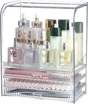 Clear Acrylic Makeup Organizer for Vanity With Lid,Large Capacity Bathroom Countertop Organizer and Storage With 3 Drawers,Dustproof Cosmetics Organizer for Cologne Perfume,Beauty,Skincare Container