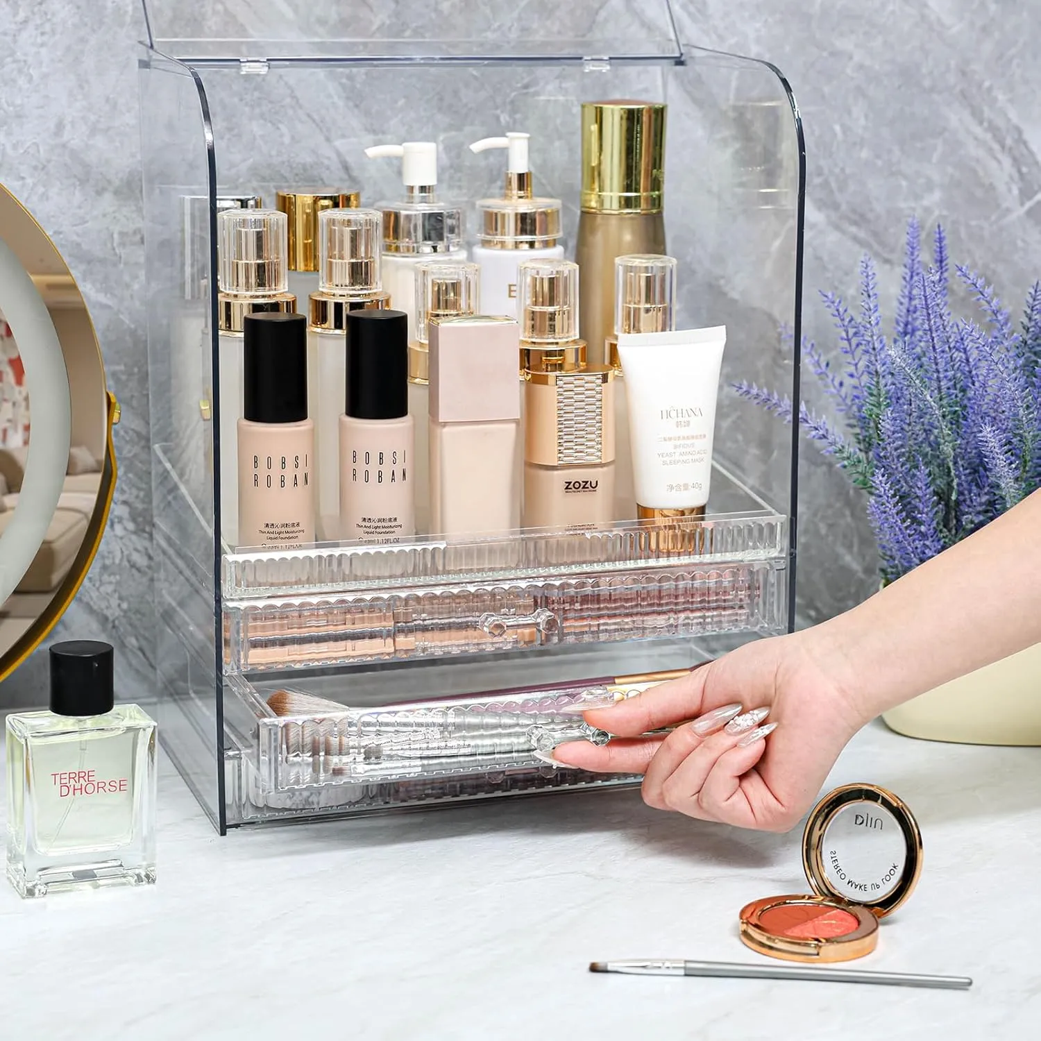 Clear Acrylic Makeup Organizer for Vanity With Lid,Large Capacity Bathroom Countertop Organizer and Storage With 3 Drawers,Dustproof Cosmetics Organizer for Cologne Perfume,Beauty,Skincare Container
