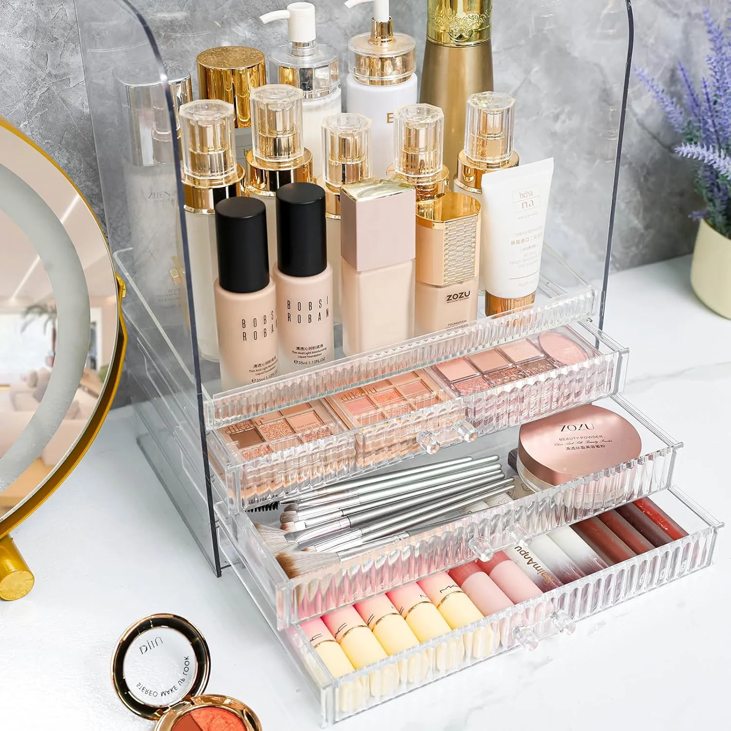 Clear Acrylic Makeup Organizer for Vanity With Lid,Large Capacity Bathroom Countertop Organizer and Storage With 3 Drawers,Dustproof Cosmetics Organizer for Cologne Perfume,Beauty,Skincare Container