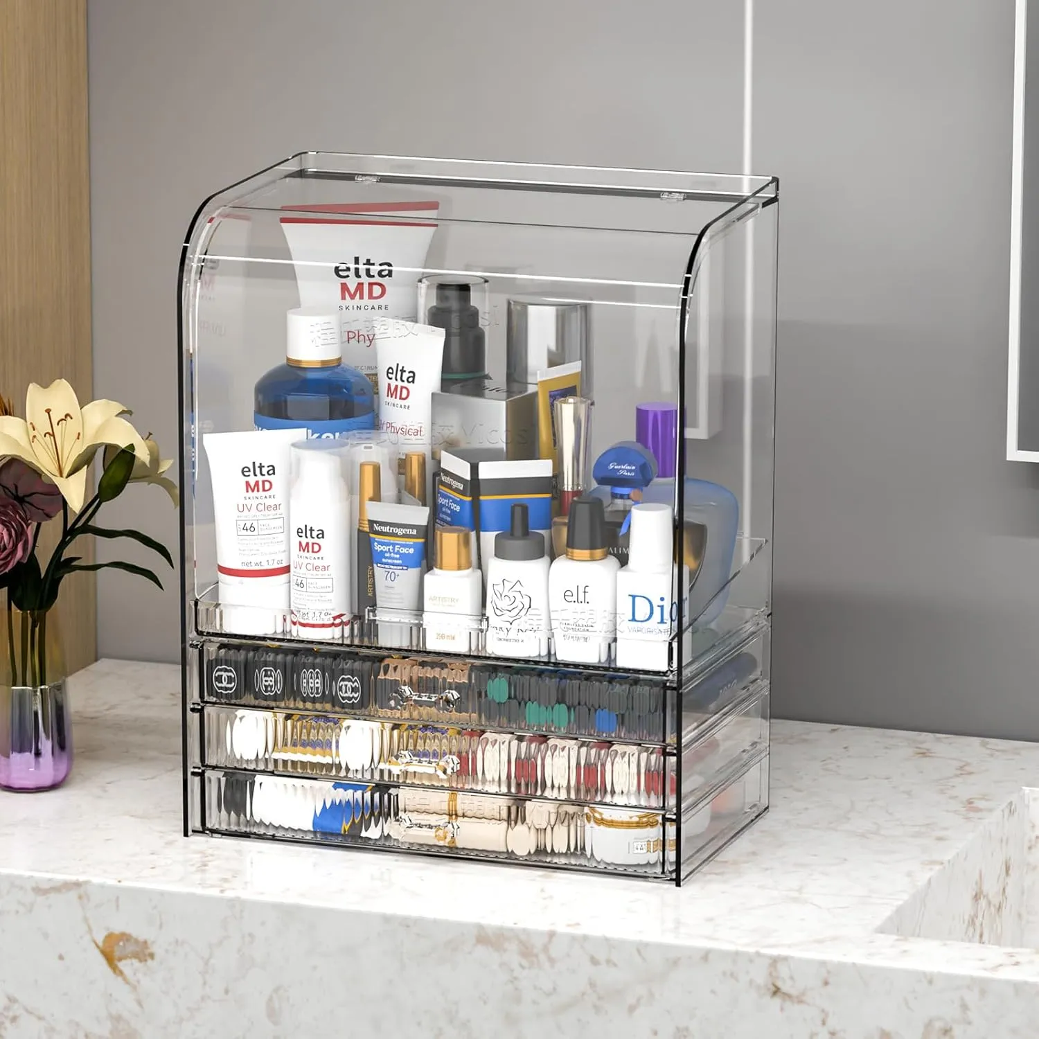 Clear Acrylic Makeup Organizer for Vanity With Lid,Large Capacity Bathroom Countertop Organizer and Storage With 3 Drawers,Dustproof Cosmetics Organizer for Cologne Perfume,Beauty,Skincare Container