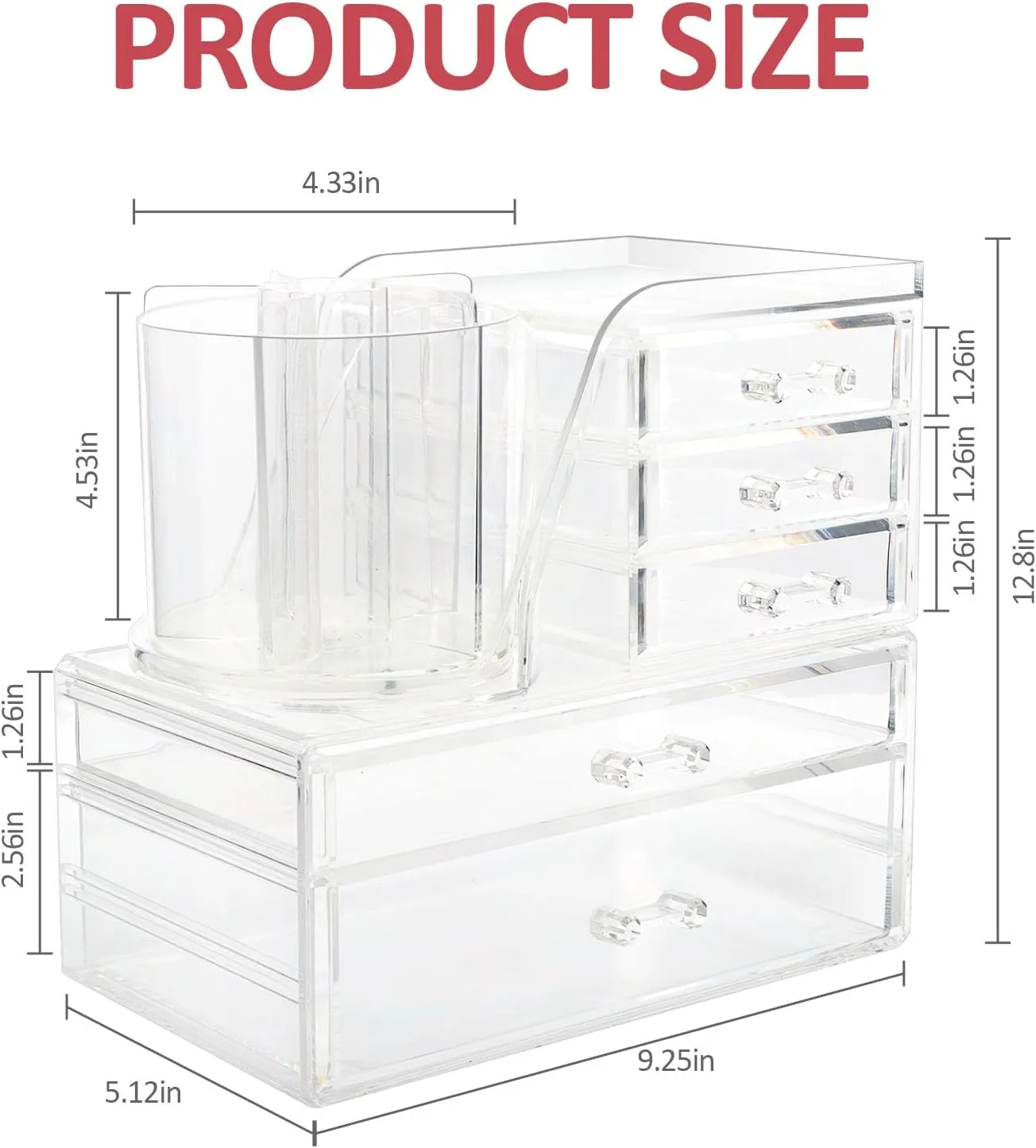 Clear Makeup Organizer with 5 Drawers & Rotating Brush Holder - Large Capacity Cosmetic Display Cases Storage for Vanity, Countertop, Bathroom, Lipstick and Skincare Organization