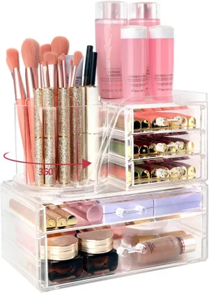 Clear Makeup Organizer with 5 Drawers & Rotating Brush Holder - Large Capacity Cosmetic Display Cases Storage for Vanity, Countertop, Bathroom, Lipstick and Skincare Organization