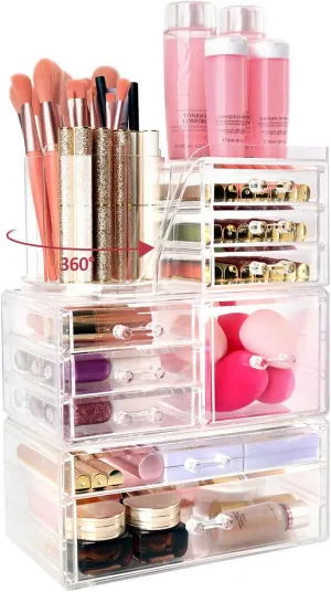 Clear Makeup Organizer with 9 Drawers & Rotating Brush Holder - Large Capacity Cosmetic Display Cases Storage for Vanity, Countertop, Bathroom, Lipstick and Skincare Organization