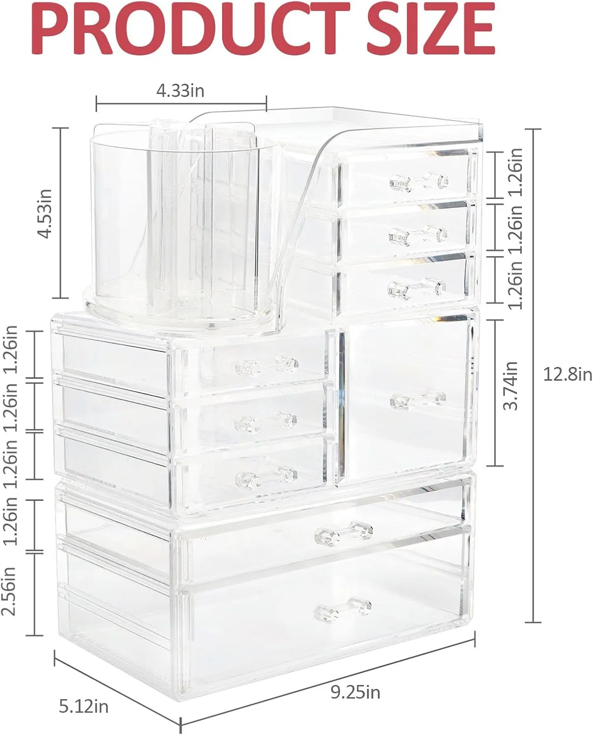 Clear Makeup Organizer with 9 Drawers & Rotating Brush Holder - Large Capacity Cosmetic Display Cases Storage for Vanity, Countertop, Bathroom, Lipstick and Skincare Organization