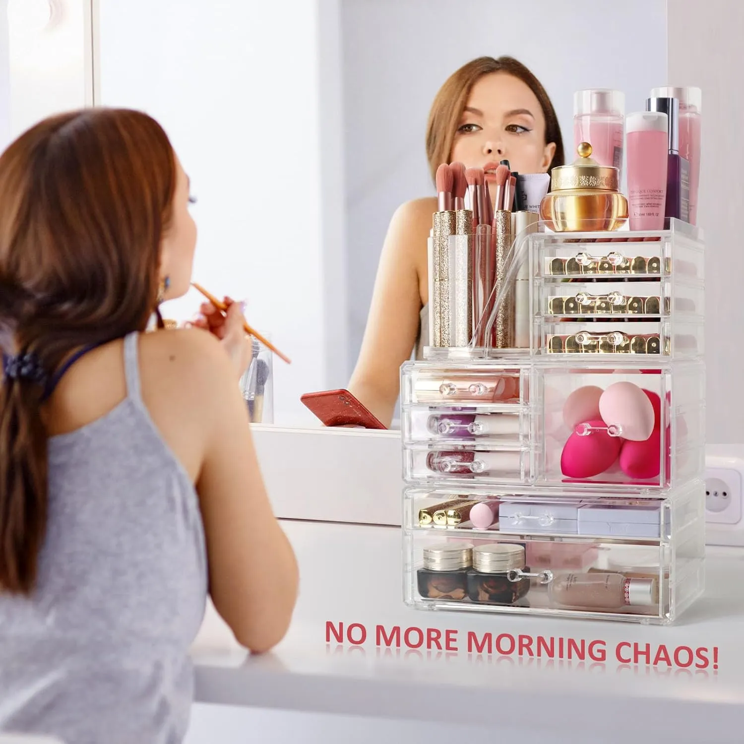 Clear Makeup Organizer with 9 Drawers & Rotating Brush Holder - Large Capacity Cosmetic Display Cases Storage for Vanity, Countertop, Bathroom, Lipstick and Skincare Organization
