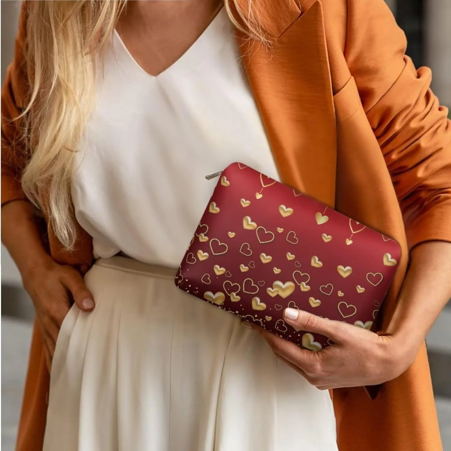 COEQINE Makeup Bag Set Of 3 Red Gold Heart Travel Elegant Roomy Makeup Bags Lipstick Pouch Zipper Pouch Travel Waterproof Toiletry Bag Accessories Organizer Gifts