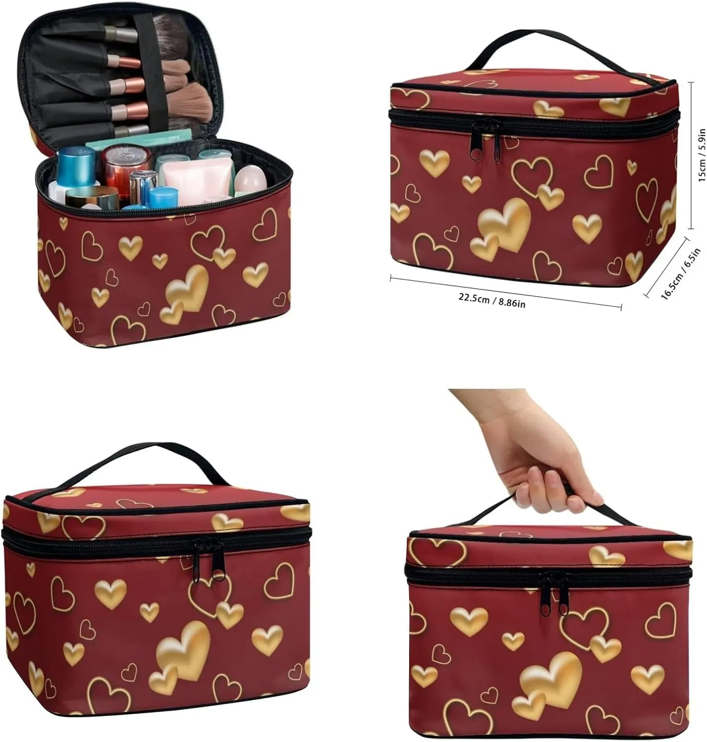 COEQINE Makeup Bag Set Of 3 Red Gold Heart Travel Elegant Roomy Makeup Bags Lipstick Pouch Zipper Pouch Travel Waterproof Toiletry Bag Accessories Organizer Gifts