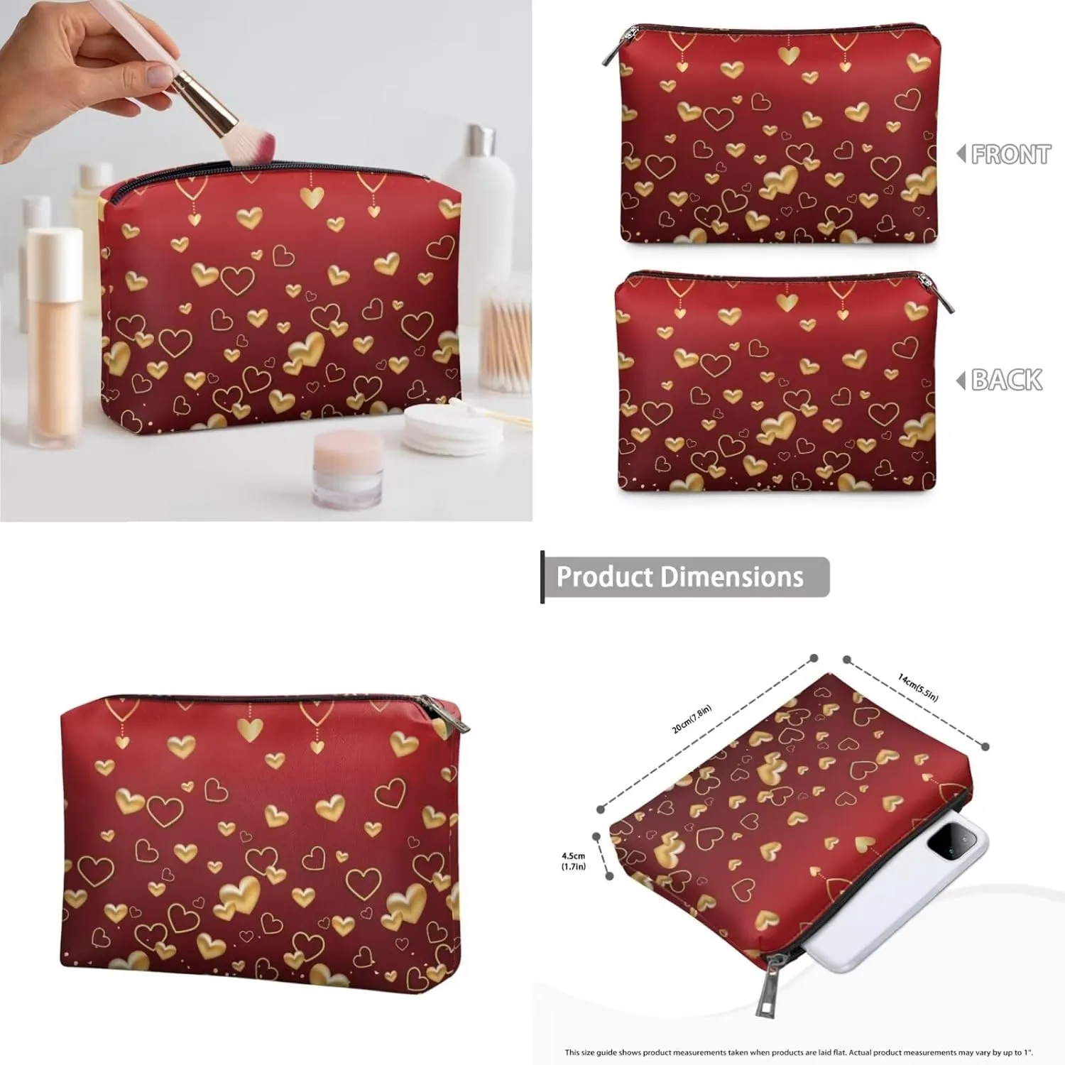 COEQINE Makeup Bag Set Of 3 Red Gold Heart Travel Elegant Roomy Makeup Bags Lipstick Pouch Zipper Pouch Travel Waterproof Toiletry Bag Accessories Organizer Gifts