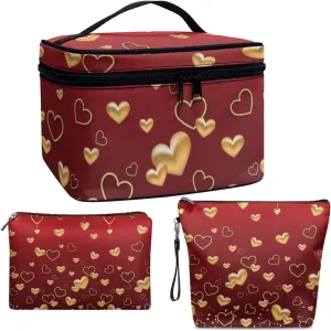 COEQINE Makeup Bag Set Of 3 Red Gold Heart Travel Elegant Roomy Makeup Bags Lipstick Pouch Zipper Pouch Travel Waterproof Toiletry Bag Accessories Organizer Gifts