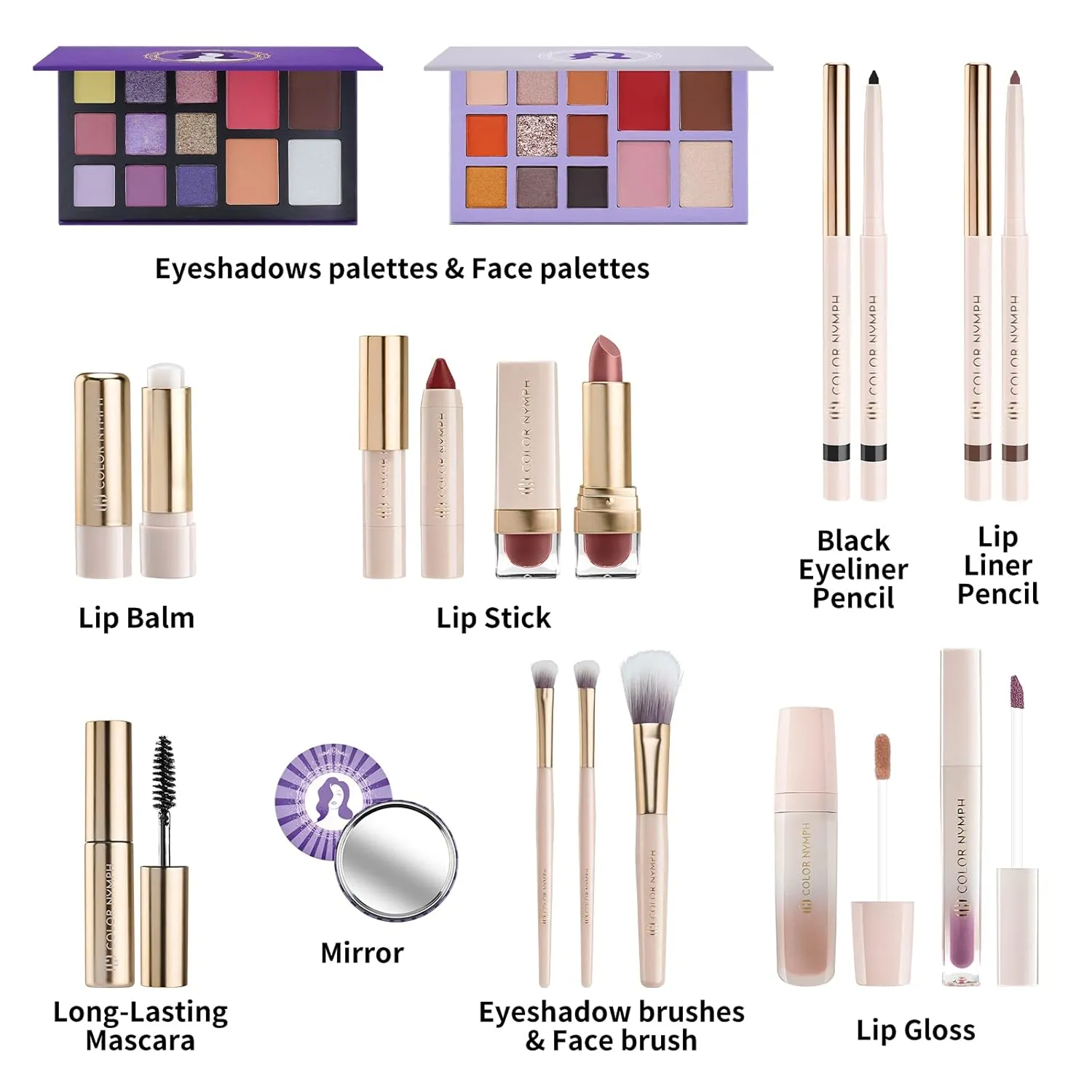 Color Nymph Beginner Makeup Set for Teens, Full Kit with Exquisite Purple Box, Non-Toxic, Includes Eyeshadow Palettes, Mascara, Lipstick, Makeup Set Brushes