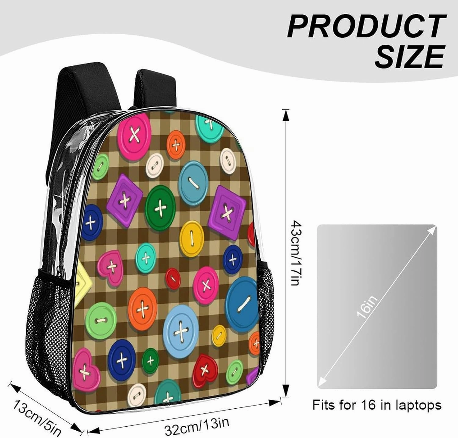 Colorful Cute Buttons Transparent Backpack Brown Plaid PVC Waterproof Large Casual Daypack for College Workplace Travel Camping Women Men 43x32x13cm