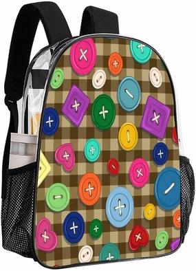 Colorful Cute Buttons Transparent Backpack Brown Plaid PVC Waterproof Large Casual Daypack for College Workplace Travel Camping Women Men 43x32x13cm