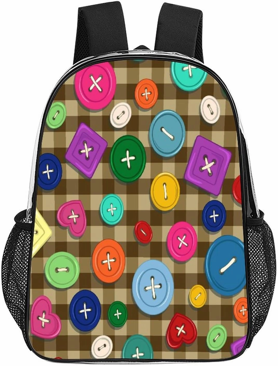 Colorful Cute Buttons Transparent Backpack Brown Plaid PVC Waterproof Large Casual Daypack for College Workplace Travel Camping Women Men 43x32x13cm
