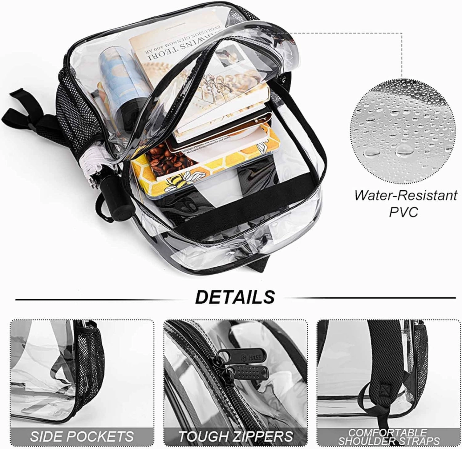 Colorful Cute Buttons Transparent Backpack Brown Plaid PVC Waterproof Large Casual Daypack for College Workplace Travel Camping Women Men 43x32x13cm