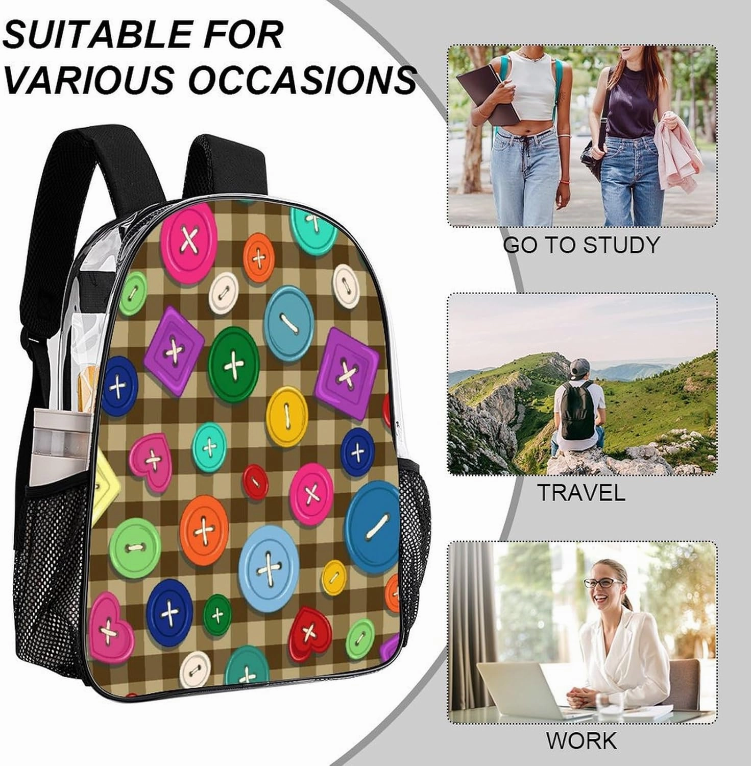 Colorful Cute Buttons Transparent Backpack Brown Plaid PVC Waterproof Large Casual Daypack for College Workplace Travel Camping Women Men 43x32x13cm