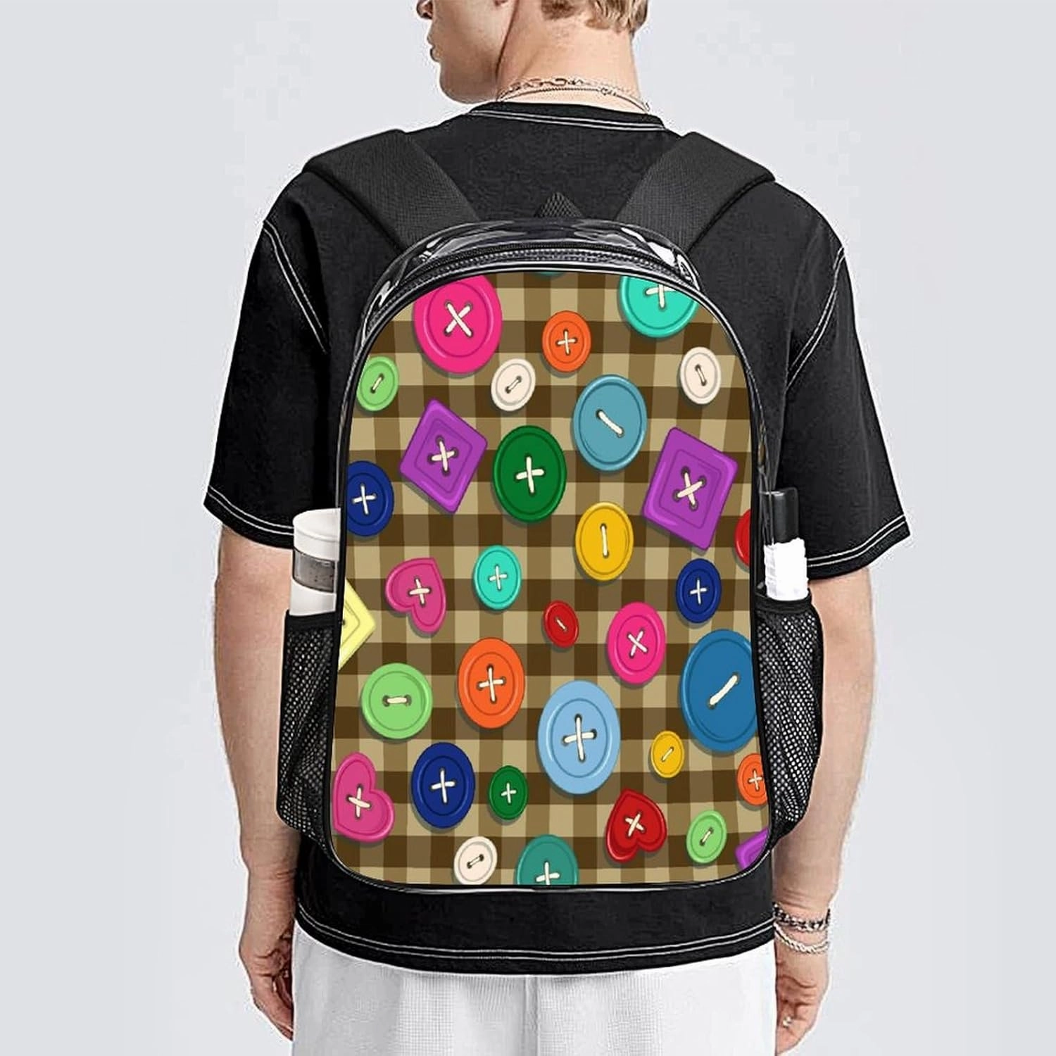 Colorful Cute Buttons Transparent Backpack Brown Plaid PVC Waterproof Large Casual Daypack for College Workplace Travel Camping Women Men 43x32x13cm
