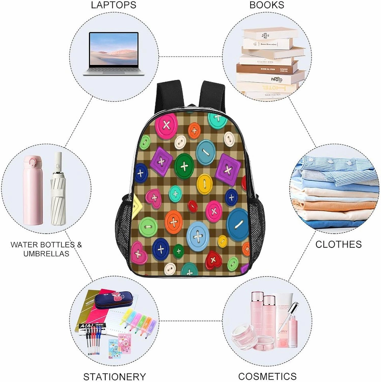 Colorful Cute Buttons Transparent Backpack Brown Plaid PVC Waterproof Large Casual Daypack for College Workplace Travel Camping Women Men 43x32x13cm