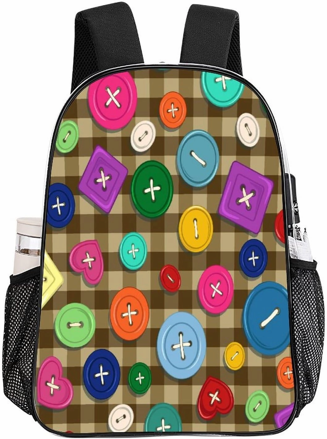 Colorful Cute Buttons Transparent Backpack Brown Plaid PVC Waterproof Large Casual Daypack for College Workplace Travel Camping Women Men 43x32x13cm